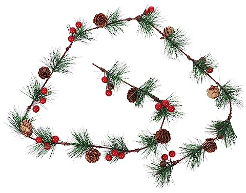 PartyKindom Girlande für Weihnachten mit Roten Beeren und Kiefernzweigen aus Künstlichem Rattan Weihnachtsschmuck aus Rattan für Dekoration