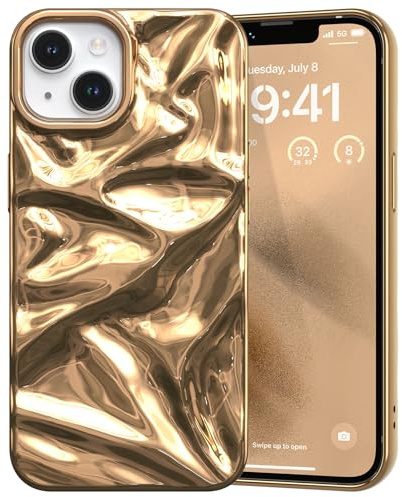 ZCDAYE for iPhone 13/14 Case Stylish Water Ripple Design, Electric Gold | Soft TPU Phone Case, Unique Glossy Finish, Cute Pretty Protective Cases, Slim Fit Lightweight Comfy Phone Cover for Woman Man