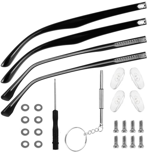 Heclia Glasses Arm Replacement 2 Pair Universal Eyeglass Repair Kit Anti-Slip Tips Eyeglasses Arms Legs Replacement Accessories with Screws, Nose Pads, Tools for Sunglasses, Reading Glasses Black TR90