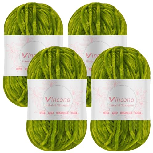 Vincona Chenille Yarn 4 x 100g Super Soft Chunky Yarn for Knitting and Crochet Yarn Clothes, Handbag, Shoes Hats Sweaters Blankets Scarves，DIY- Ideal for Beginners Adults Grass Green
