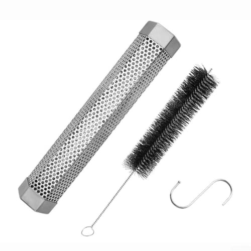 Yuanpgky 30,5 cm Edelstahl-Rauchrohr für BBQ mit Holzpellets, kompatibel mit Hickory und Apfelholz Geschmacksverbesserung, inklusive Reinigungsbürste und S-Haken für