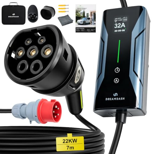 Mobile Wallbox 22KW Dreiphasig rot CEE 32A auf Typ 2, 7M Ladekabel, IP67 | TÜV-zertifiziert, verstellbar 6-32A, 1-10 Stunden, -25 °C bis 55 °C, Tragbares EV Charger Mobiles Ladegerät für e-auto 22kW