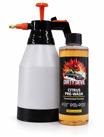 DIRTY DEVIL Ultra Concentrated Citrus Pre Wash 500ml + 1.5L Pressure Sprayer – Powerful Pre Wash - Cuts Through Dirt, Bugs & Road Grime –Safe on All Surfaces - Powerful Degreaser for Paint & Wheels