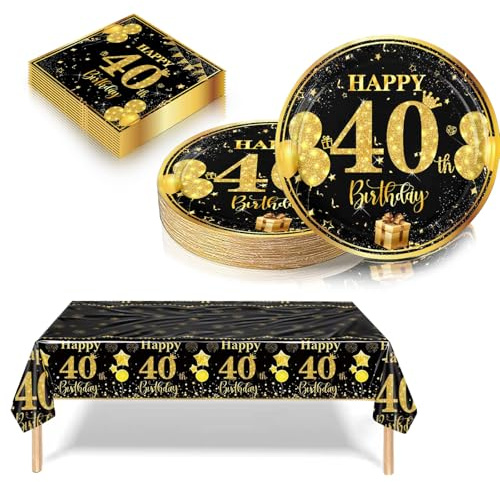40th Birthday Decorations Black and Gold, 37Pcs Happy Birthday Party Tableware include Paper Plates and Napkins, Plastic Table Cloth for Man Women 40th Party Table Decorations (16 Guest)