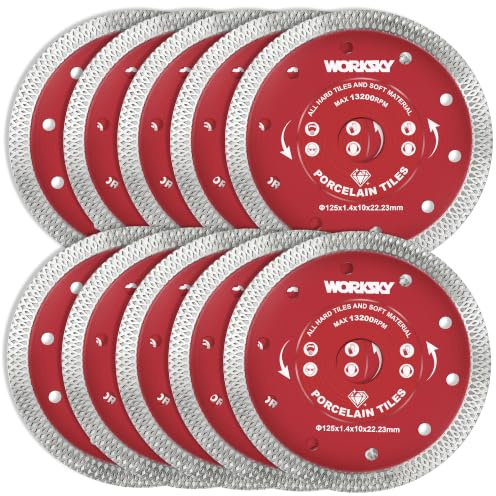 WORKSKY 10 Pack Diamond Cutting Discs for Angle grinder, Diamond Saw Blades for Tile, Marble,Concrete 125mmx22.3mm