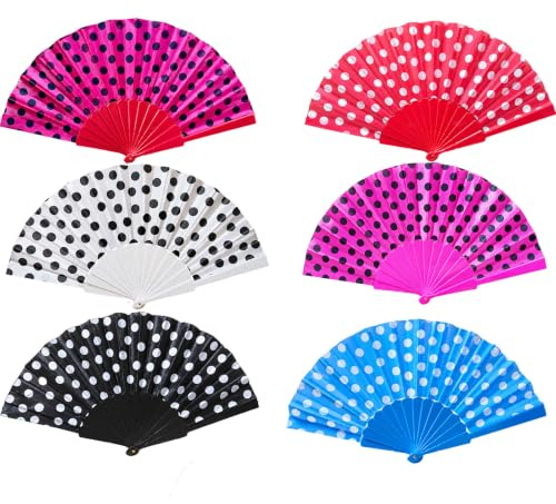 Starlet24 6er Set Handfächer Punkte Design - Retro Polka Dot Fächer für 50er Jahre Mottoparty & Rockabilly Outfit,Spanischer FlamencoTanzfächer 45cm Spannbreite Faltfächer Kunststoff Bunt sortiert
