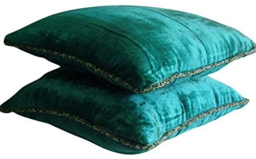 The HomeCentric Royal Peacock Green Shimmer - 45 x 45 cm EIN pfau Grun Samt Kissenbezug mit handfertigtem Perlenrand