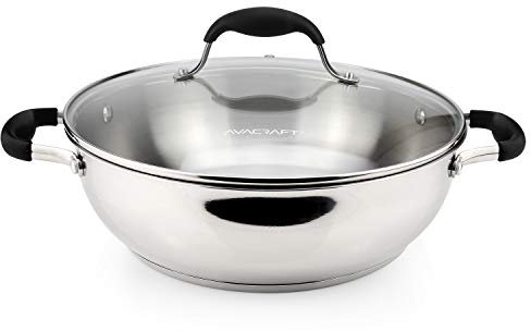 AVACRAFT Poêle en acier inoxydable 18/10 avec base à cinq plis, sauteuse de chef avec couvercle en verre, poêle à ragoût multifonction (28 cm)