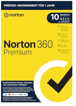 Norton 360 Premium 2025 | 10 Geräte | 1 Jahr | Aktivierungscode in Originalverpackung