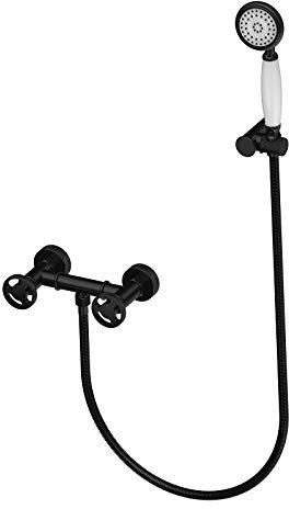 SHUGUANG Noir Robinet de Baignoire avec Douchette, Mural Mitigeur de Baignoire en Laiton 2 Poignée 2 Trous Mitigeur de Douche Style Industriel Robinet de Douche pour Salle de Bain