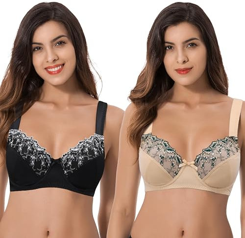 Curve Muse Reggiseno con Ferretto Minimizer da Donna Taglie Forti con Ricamo in Pizzo-Confezione da 2-Nudo,Nero-6F