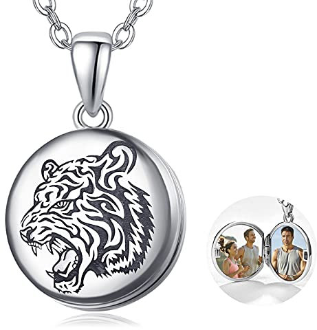 TANGPOET Herren Medaillon Kette 925 Sterling Silber Tiger Foto Medaillons zum öffnen Anhänger Halskette Damen Tier Tiger Schmuck Amulett für Frauen Mädchen Familie