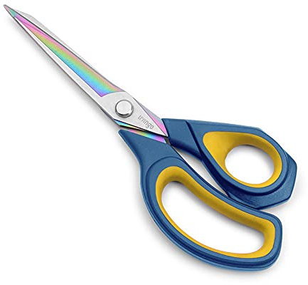 LIVINGO 9,5 Premium Stoffschere: Scharfe, Hochleistungs-Schneiderschere aus Edelstahl mit Titanbeschichtung, Weicher Griff, Ideal für Leder und Stoff, Dunkelblau/Gelb