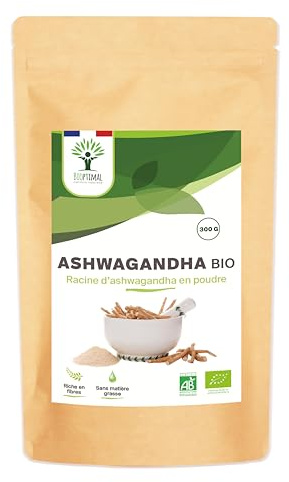 Ashwagandha Bio - Bioptimal - Racines d'Ashwagandha Indien en Poudre - Withania Somnifera 100% Pur - Sommeil Anti-Stress Libido Adaptogène - Contrôlé et Conditionné en France - Certifié Ecocert - 300g
