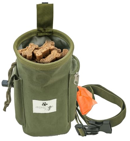 INSPECTOR TAIL Dog Treat Pouch w Drawstring to Prevent Spills | 2 Cup Tote | Hands Free w 4 Ways to Wear Puppy Bag w Pockets for Snacks Poop Bags Keys & Cards | Pet Training Walking & Rewarding Holder