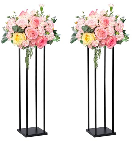 simprefine 2 Pcs 32 Inches Matte Black Wedding Column Decorative Flower Stand Tabletop Centerpiece for Engagement Bridal Shower Event Party Decoration