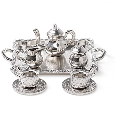 Odoria 1/12 Scale Dolls House Miniature Tea Sets 8Pcs Tea Tray with Tea Pot Dollhouse Accessories, Silver