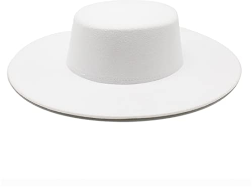 Französischer Damenhut, große breite Krempe, 10 cm, Fedora-Hut, Winter, Wolle, Derby, Hochzeit, Jazz, Hut, flache Oberseite, Filzmütze, weiß01, 56–58 cm