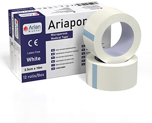 Ariapore microporous Surgical Tape - Hypoallergenic, Self-Adhesive First Aid Tape, Micropore Tape, Medical Tape, Bandage Tape, Skin Tape, Plaster Tape for Skin 2.5cm X 10m 6 Rolls