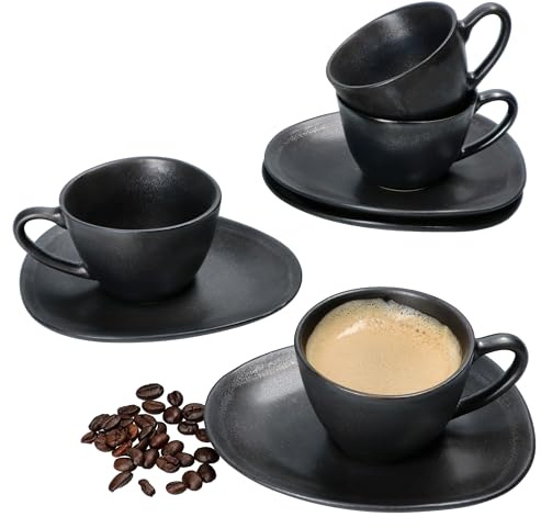 MamboCat Manhattan Nero Espressotassen-Set für 4 Personen I 90ml I 4X handgefertigte Espressotasse mit Untertasse I Geschirr-Set in schwarzer Kupfer-Optik, matt I Lungo, Ristretto I Steingut