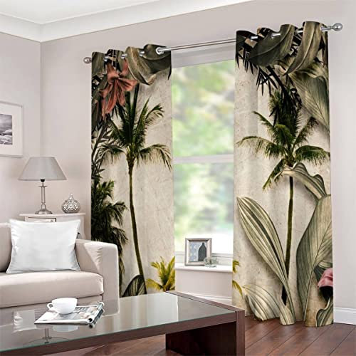 Vorhänge mit Ösen 2er Set Bunte Tropische Blumen Blickdichte Gardinen Kinderzimmer Vorhänge Grüne Pflanzen Verdunkelungsvorhang Lichtundurchlässige Vorhang mit Ösen 3D Polyester Vorhänge 150 x 166 BxH