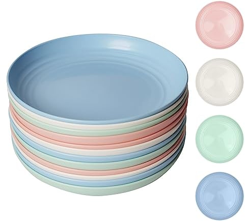 Yiter Plastic Plates, Large Dinner Plates for Salad, Fruits, Desserts, Unbreakable Camping Plates for Adults, Kids, Microwave and Dishwasher Safe, Colorful Plates for Home Decor