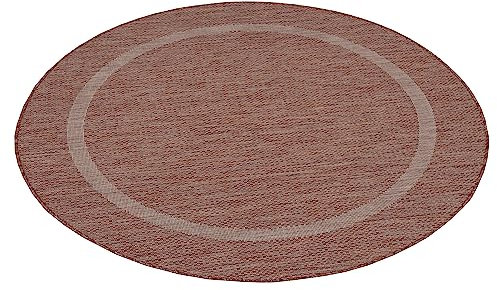 Teppium Outdoor Teppich Wetterfest 120 cm Rund Rot Sisal Optik - Küchenteppich Waschbar rutschfest, Wasserfest, Bordüre, Pflegeleicht - Ideal für Balkon, Terassen, Garten, Camping oder Küche