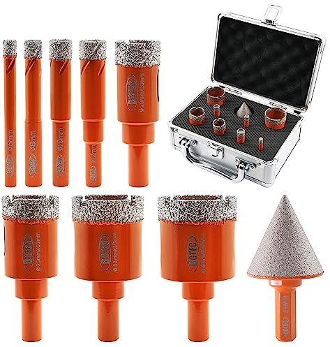 BGTEC Juego Brocas Diamante - 9pcs(6/8/10/12/20/25/32/35mm+35mm Broca de Chaflán) Brocas de diamante soldadas al vacío con mango redondeado para azulejos de cerámica porcelana mármol granito piedra