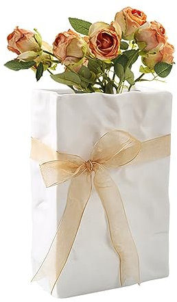 Kingbar Weiße Keramik Vase, Crinkle Paper Bag Vase Für Pampasgras, Blumenvase In Form Einer Papiertüte, Moderne Deko Vase Für Wohnzimmer, L