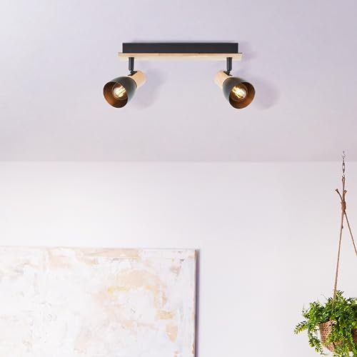 Lightbox 2 flammige Spotbalken - skandinavischer Decken Strahler mit schwenkbaren Köpfen - Basis aus Pappel - 37 cm Länge - E14 Fassung - max. 28 W - aus Metall/Holz - in Schwarz/Beige