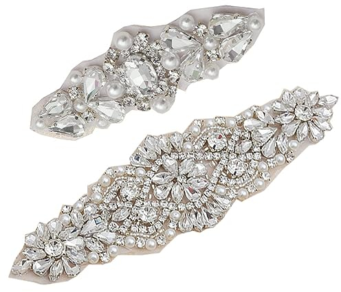 Changyeah Kristallapplikationen für Kleidung, 2 Stück, Diamant-Applikationen, Strass-Applikationen, Strass-Applikationen, für Brautkleid, Kopfschmuck, Gürtel, Silber