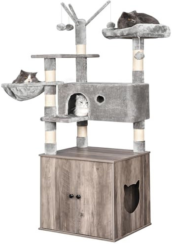 BEWISHOME Cat Tree with Litter Box Enclosure All-in-one Hidden Cat Litter Box Furniture Cat Tower for Indoor Cats with Scratching Posts Modern Cat Condo House Greige MMJ85G