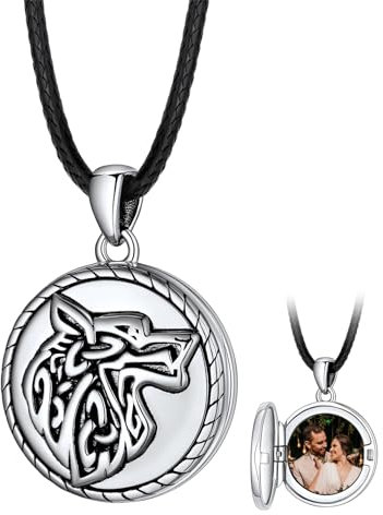 FaithHeart Personalisierter Foto Anhänger für Herren, 925 Silber Medaillon mit Wikinger Wolfkopf Symbol, Wikinger Amulett mit Bildanhänger für Papa Freunden Ehemann