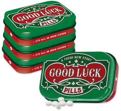 Nostalgic-Art Retro Pillendose, 4 x 6 x 1,6 cm, Good Luck Pills (4er-Set) – Geschenk-Idee für Nostalgie-Fans, mit Pfefferminz-Dragees, Vintage Design
