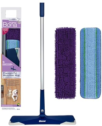 Bona Pet System Premium Teleskop-Mopp, mit Mikrofaser Deep Clean Pad und Pet System Sweeping Pad, waschbar, extra großer Padhalter, für Haustierbesitzer, Holz- und Hartböden