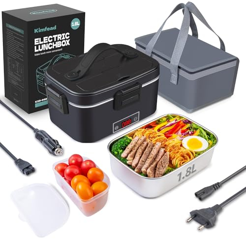 Kimfead Scaldavivande Elettrico Portatile con Display Temperatura Porta Pranzo Riscaldabile 80W Lunch Box Elettrico 1.8l Acciaio Inox Rimovibile 12v/24v/230v per Auto/Camion/Uffici con Borsa(Nero)