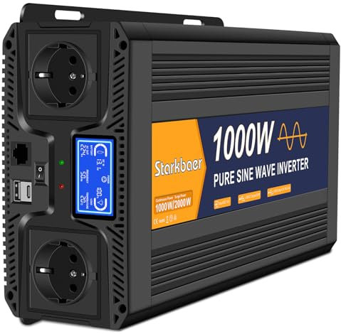 Starkbaer 1000W/2000W Inverter 12V 220V Onda Pura, Trasformatore 220V 12V, Convertitore per Auto, con Display LCD, Telecomando, 2 Prese CA UE, 1 Porta di Tipo C e 1 Porta USB