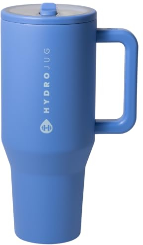 HydroJug Traveler – Wasserflasche mit Griff und Klapp-Trinkhalm, passt in Becherhalter, auslaufsicherer Becher, wiederverwendbar, isolierter Edelstahl und Gummiboden, Geschenke für Damen und Herren,