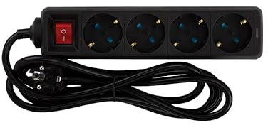 SIMON - Base Múltiple, Regleta de Enchufe Plano, 4 Tomas de 16A, Ladrón de Enchufes con Toma de Tierra e Interruptor ON/Off, Cable de 2 Metros, Color Negro