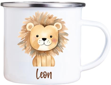 4youDesign Emaille Tasse Kinder personalisiert – Jungle Löwe – Tier Namenstasse – Geschenk für Jungen & Mädchen – Bruchsicher & Leicht – Geschenkidee zur Einschulung & Geburtstag - 300ml