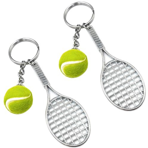 2 Pcs Llavero Raqueta de Tenis, Llavero de Mini Pelota de Tenis, Llavero de Deporte de Metal Amantes de Los Pelotas Padel Deportes, Regalo Creativo para Hombres, Mujeres, Niñas