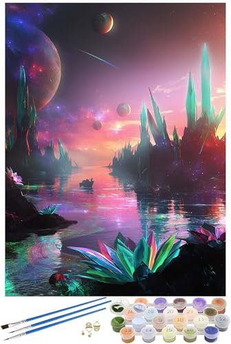 Planet Malen Nach Zahlen Erwachsene mit Rahmen, Nachtansicht Malen Nach Zahlen ab 7 Jahre Mädchen Kinder Anfänger, Paint by Numbers Bastelset mit 3 Pinseln und Acrylfarbe, Wanddeko, 80x100cm -6318
