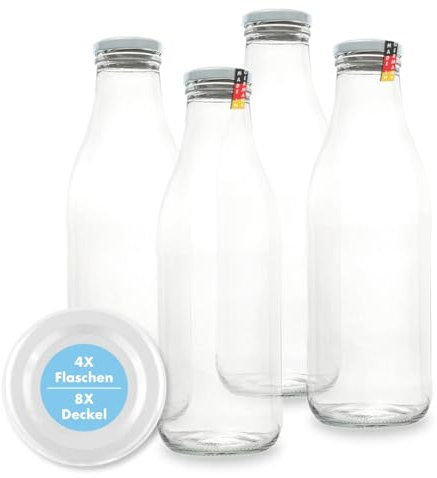 FLASCHENBAUER – Milchflaschen 1 Liter – 4x Glasflaschen 1 Liter – Twist-Off-Deckeln + Ersatz TO48 – Saftflasche, Smoothie Flasche & Weithalsflasche – Robust, temperaturbeständig [Weiße-Flasche]