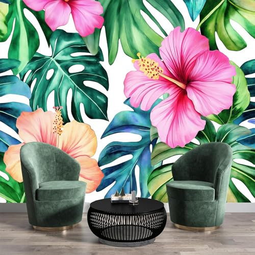 Carta da parati panoramica Fiori di ibisco rosa 3d seta,400L × 280A cm - Carta da parati foglie di palma verdi - grandi murali poster per soggiorno,camera da letto,adulto e studio