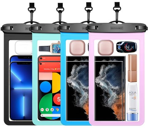 4 Pack 10.5“ Large Waterproof Phone Pouch - Underwater Clear Cell Holder - Universal Water Proof Dry Bag with Neck Lanyard for iPhone 17 Pro Max Samsung Galaxy with Heavy Case for Beach Swimming Pool