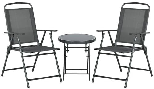 Outsunny Bistro-Set 3-teilig aus Metall Wetterfest Gartenmöbel Set mit klappbar Glastisch Gartenstühlen Outdoor Balkonmöbel Set Sitzgruppe Balkonset Gartengarnitur Dunkelgrau