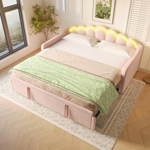 NovaFurnish Tagesbett mit ausziehbarem Bett, Schlafsofa, Einzelbett (Ohne Matratze), Doppelbett, Samt, Farbwechselbarer LED-Streifen, 90x200cm(180x200cm)(Rosa, 214X187X87)