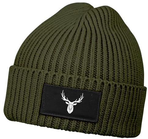 Neverless® Herren Beanie Wintermütze mit Patch Hirsch Geweih Low Poly Aufdruck Print Strickmütze Rippstrick Fashion Streetwear