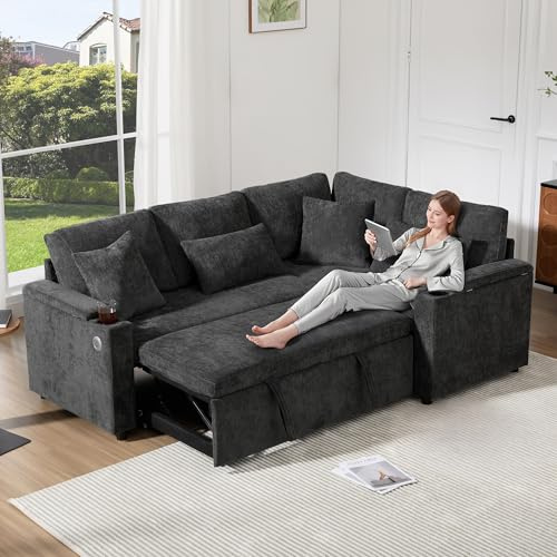 Lubvtti Divano letto 3 posti con vano contenitore,portabicchieri,porta USB, bracciolo portaoggetti e quattro cuscini,Divano angolare estensibile a L,divano 3 posti,ciniglia(D-Grigio)