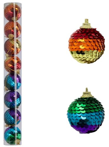 Set of 8 Sequin Rainbow Christmas Baubles | Multicoloured Tree Decorations in Two Assorted Colour Mixes | Sparkling Festive Ornaments - 4cm